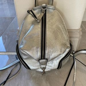 Rebecca Minkoff “Julian” mini silver leather backpack, 11” tall 9” wide